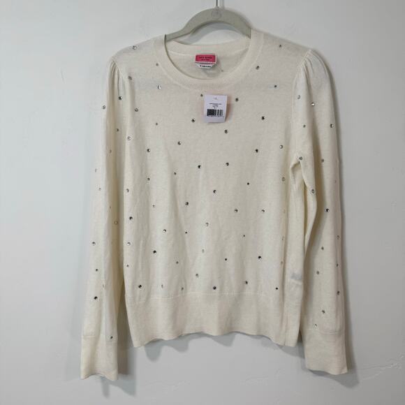 Kate Spade Women's Sweater Scattered Rhinestone Crew Puff Sleeve Cream NEW Med - Picture 1 of 7